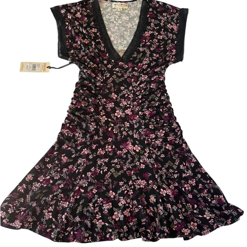 Idyllwind Black Purple Floral Ruched Mini Dress XS Lace Trim Whimsigoth